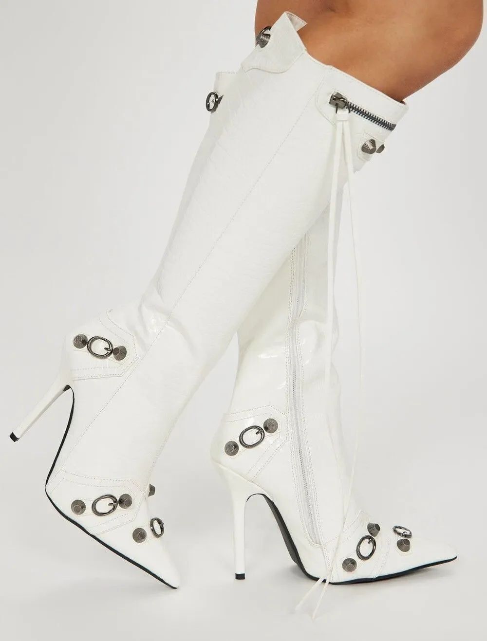 (ST1-6076) Women's White Knee - High Pointed Stiletto Boots Sz 10 - Picture 13 of 17